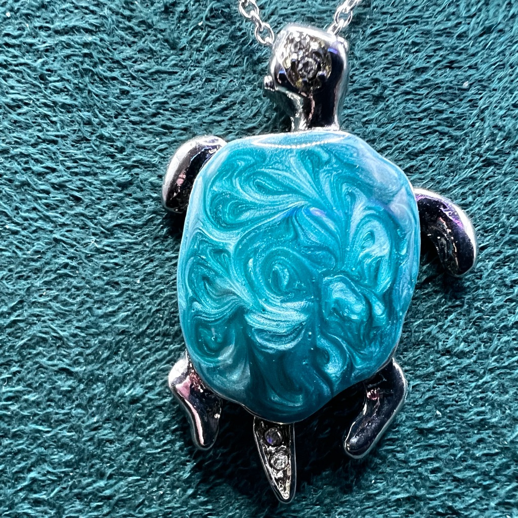 Silver And Teal Blue Turtle Pendant With Crystal Accents With 20” 925 Necklace